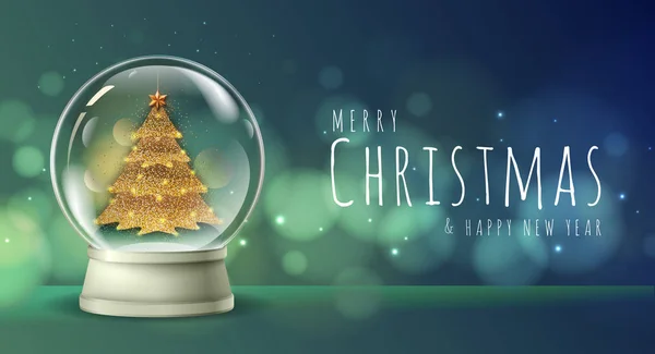 Ilustración vectorial realista de bola de nieve con árbol de Navidad de oro en el interior. Vacaciones borrosas Navidad brillo fondo — Vector de stock