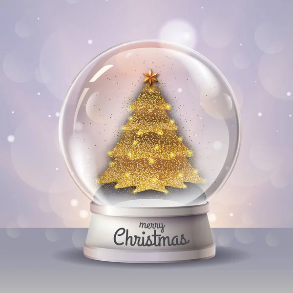 Illustration vectorielle réaliste de globe de neige avec arbre de Noël doré à l'intérieur. Fête floue Noël fond scintillant — Image vectorielle