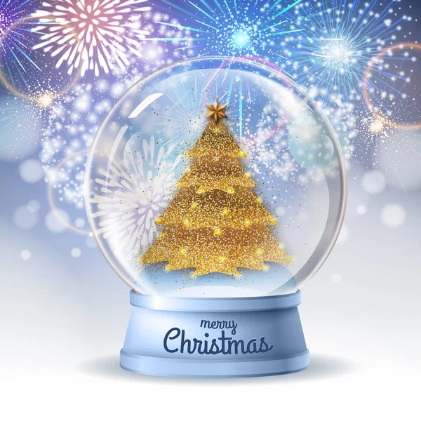 内部黄金のクリスマスツリーと雪の地球の現実的なベクトルイラスト。休日花火の背景 — ストックベクタ
