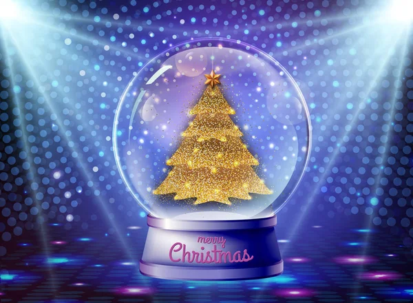 Realistic vector illustration of snow globe with golden christmas tree inside. Blurred disco sparkle background — Stock Vector