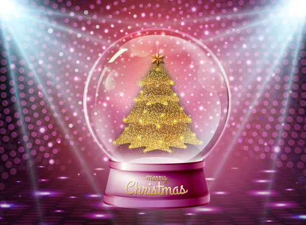 Ilustración vectorial realista de bola de nieve con árbol de Navidad de oro en el interior. Blurred disco brillante fondo — Archivo Imágenes Vectoriales
