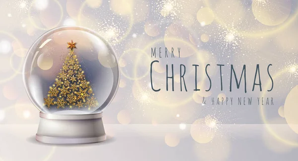 Realistische Vektorillustration der Schneekugel mit goldenem Weihnachtsbaum im Inneren. verschwommen Urlaub Weihnachten Funkeln Hintergrund — Stockvektor