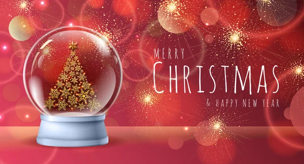 Realistická vektorová ilustrace sněhové koule se zlatými vánočními stromky uvnitř. Rozmazané svátky vánoční jiskření pozadí — Stockový vektor