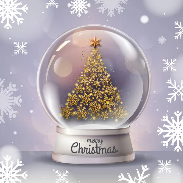 Realistic vector illustration of snow globe with golden christmas tree inside. Blurred holiday christmas sparkle background — Stock Vector