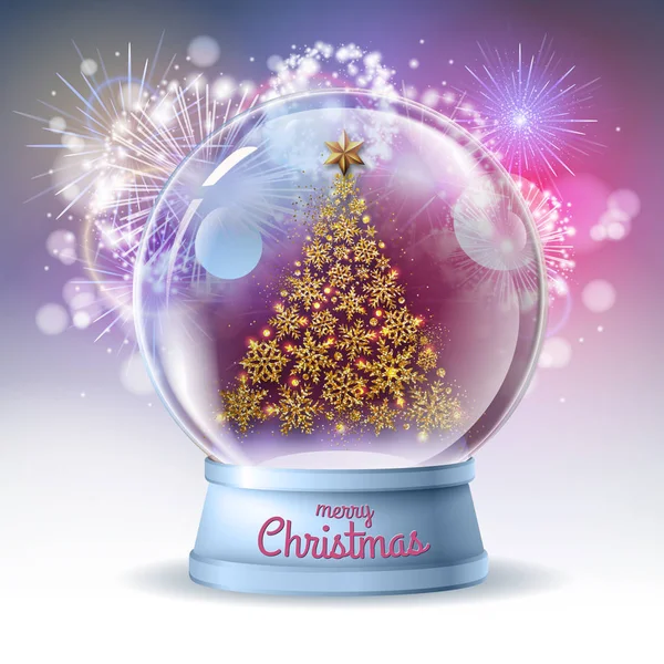 Ρεαλιστική διανυσματική απεικόνιση της χιονόμπαλας με χρυσό χριστουγεννιάτικο δέντρο στο εσωτερικό. Πυροτέχνημα διακοπών φόντο — Διανυσματικό Αρχείο