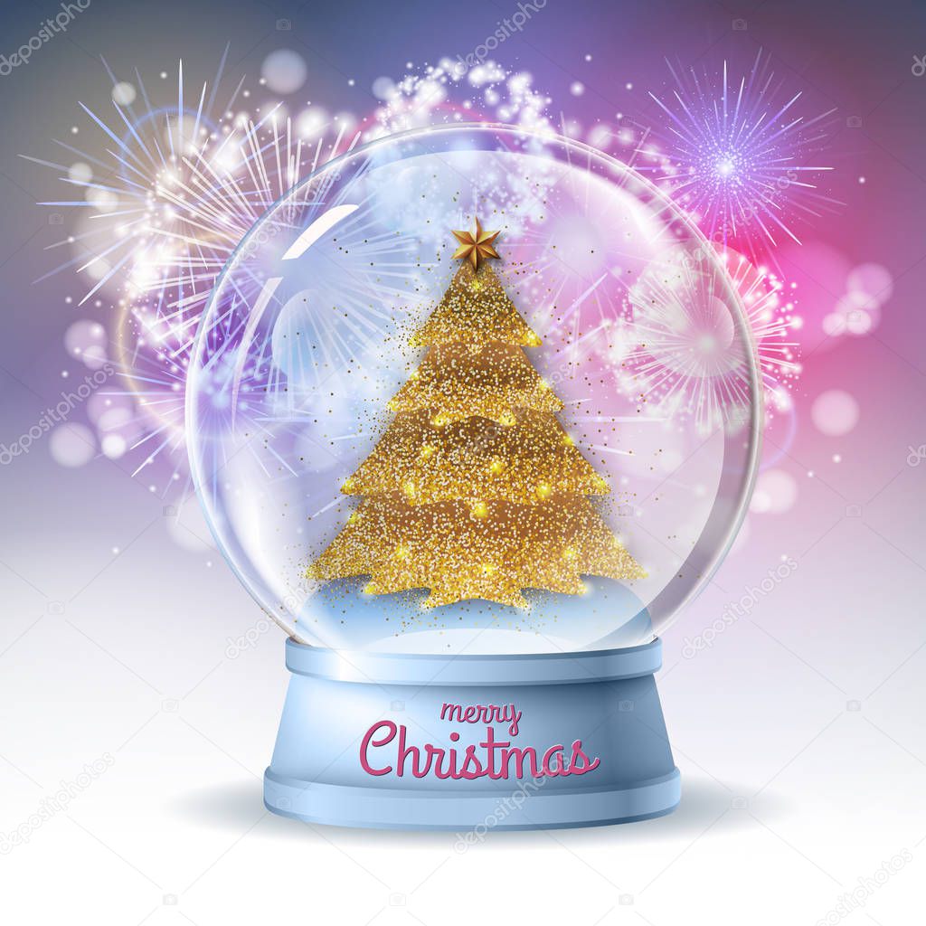 Realistic vector illustration of snow globe with golden christmas tree inside. Holiday firework  background