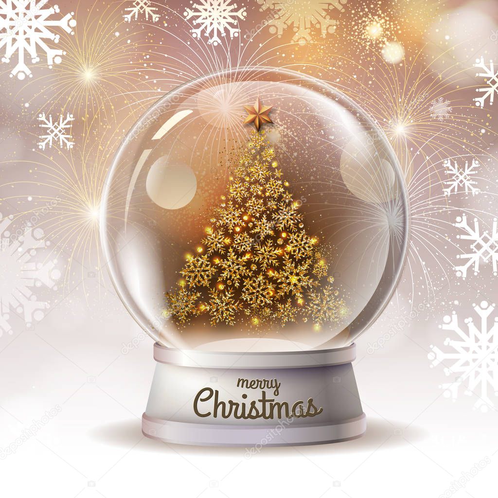 Realistic vector illustration of snow globe with golden christmas tree inside. Holiday firework  background