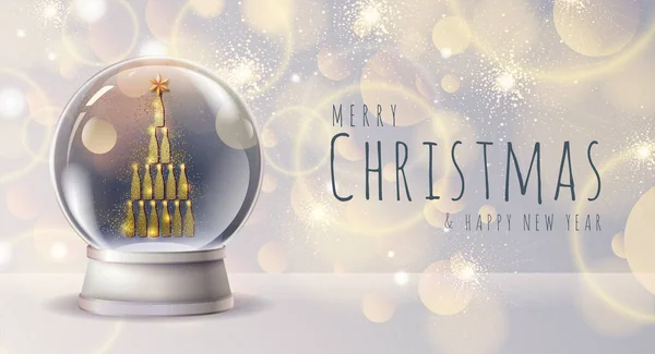 Ilustración vectorial realista de bola de nieve con botellas de champán dorado en el interior. Vacaciones borrosas Navidad brillo fondo — Vector de stock