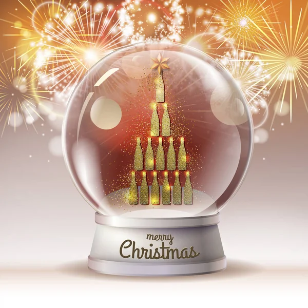 Illustration vectorielle réaliste de globe de neige avec pyramide de bouteille de champagne doré à l'intérieur. Fond de feu d'artifice vacances — Image vectorielle