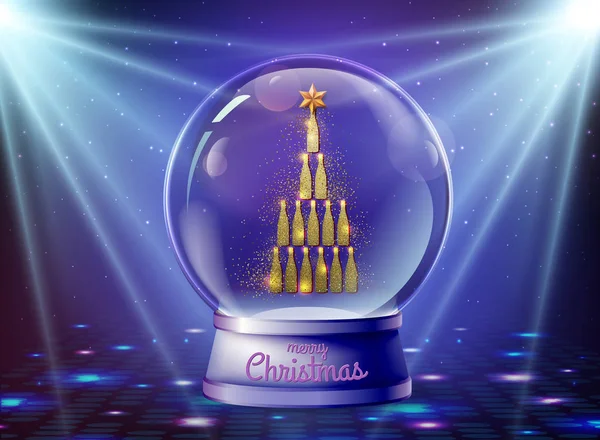 Illustration vectorielle réaliste de globe de neige avec pyramide de bouteille de champagne doré à l'intérieur. Fond scintillant vacances — Image vectorielle
