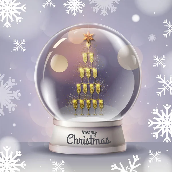 Ilustração vetorial realista de globo de neve com pirâmide de taças douradas de champanhe no interior. Fundo de férias desfocado —  Vetores de Stock