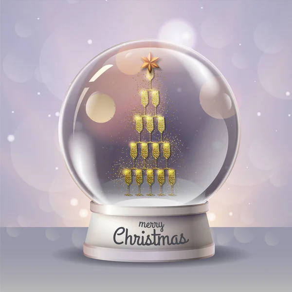 Realistic vector illustration of snow globe with pyramid of champagne golden glasses inside. Blurred holiday  background — Stock Vector