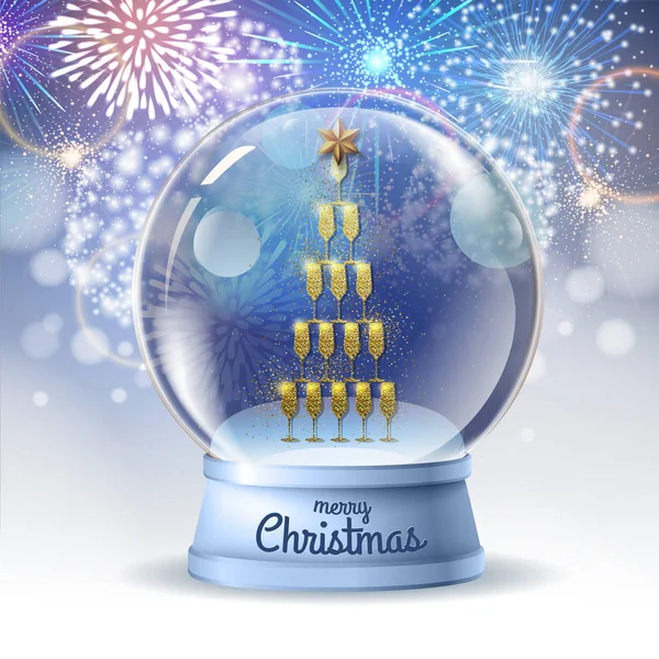 Illustration vectorielle réaliste de globe de neige avec pyramide de verres d'or champagne à l'intérieur. Feu d'artifice vacances fond — Image vectorielle