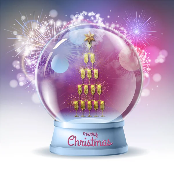 Illustration vectorielle réaliste de globe de neige avec pyramide de verres d'or champagne à l'intérieur. Feu d'artifice vacances fond — Image vectorielle