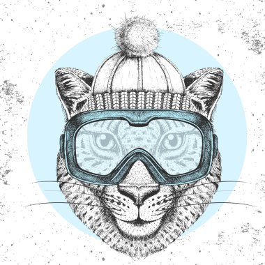 Kış şapkalı ve snowboard gözlüklü hippi hayvan çitası. El çizimi Çita Ağzı