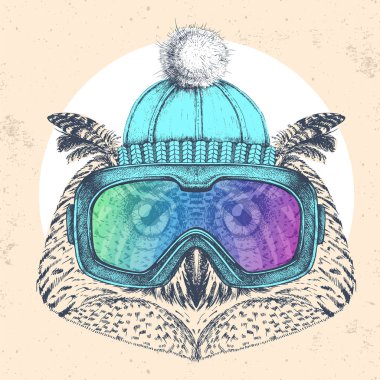 Kış şapkalı ve snowboard gözlüklü hippi baykuş. Baykuşun el çizimi Ağzı