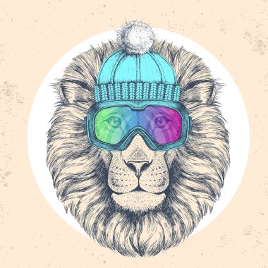 Kış şapkalı ve kar kayağı gözlüklü hippi hayvan aslanı. Aslanın el çizimi Ağzı