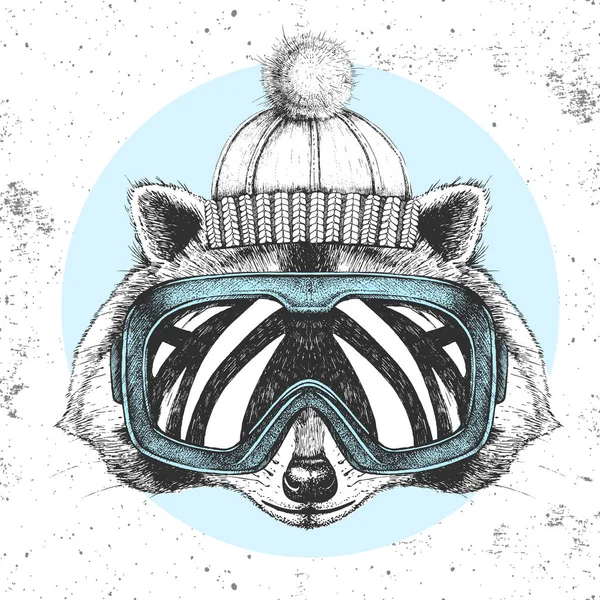 Hipster animal raccoon in winter hat and snowboard goggles. Hand drawing Muzzle of raccoon — Stock Vector