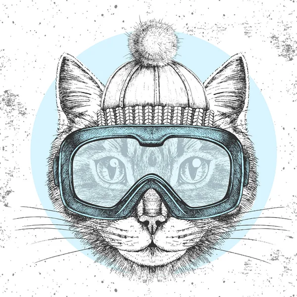 Hipster gatto animale in cappello invernale e occhiali da snowboard. Mano disegno Muso di gatto — Vettoriale Stock