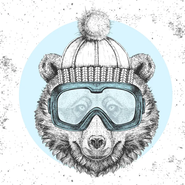 Hipster animal bear in winter hat and snowboard goggles. Hand drawing Muzzle of bear — Stock Vector