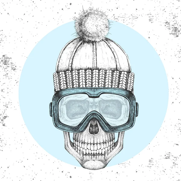 Printhand kreslí Hipsterovu lebku v zimním klobouku a snowboardových brýlích. Hipsterský módní styl — Stockový vektor