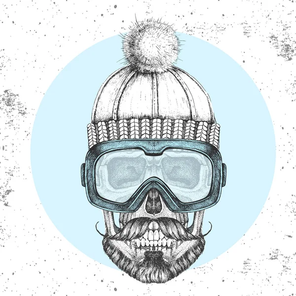 Printhand rysunek Hipster czaszki w czapce zimowej i gogle snowboardowe. Styl moda hipster — Wektor stockowy