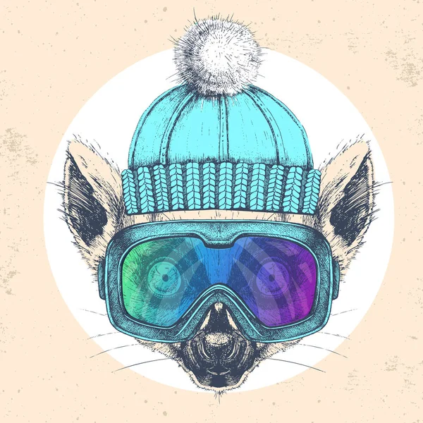 Lémur animal Hipster en sombrero de invierno y gafas de snowboard. Dibujo a mano Boquilla de lémur — Vector de stock