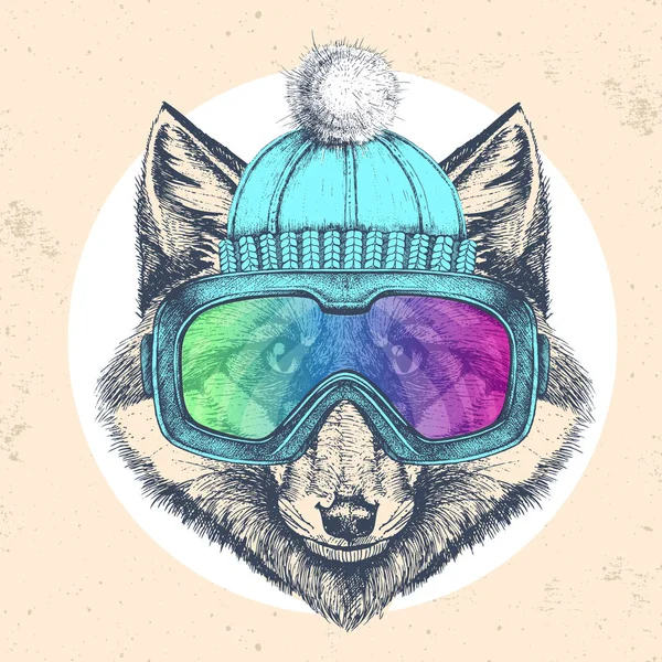 Hipster zorro animal en sombrero de invierno y gafas de snowboard. Dibujo a mano Bozal de zorro — Vector de stock