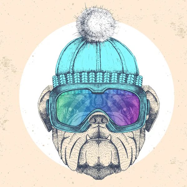 Hipster zvíře buldok v zimním klobouku a snowboard brýle. Ruční kresba Tlama buldoka — Stockový vektor