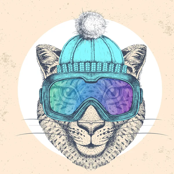 Guepardo animal Hipster en sombrero de invierno y gafas de snowboard. Dibujo a mano Hocico de guepardo — Vector de stock