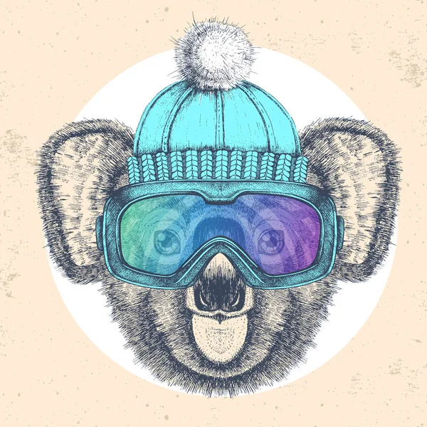 Hipster zvíře koala v zimním klobouku a snowboard brýle. Ruční kresba Tlama koala — Stockový vektor