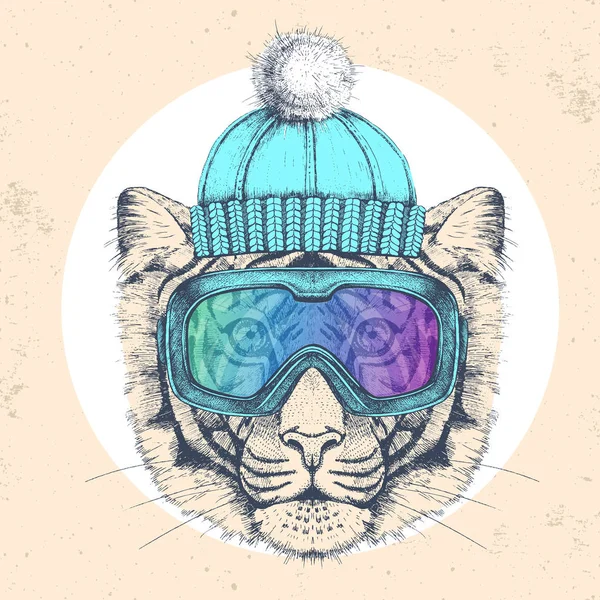 Hipster tigre animal en sombrero de invierno y gafas de snowboard. Dibujo a mano Bozal de tigre — Vector de stock