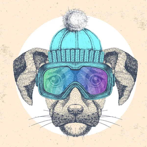 Cão animal Hipster em chapéu de inverno e óculos de snowboard. Desenho à mão Bocal de cão —  Vetores de Stock