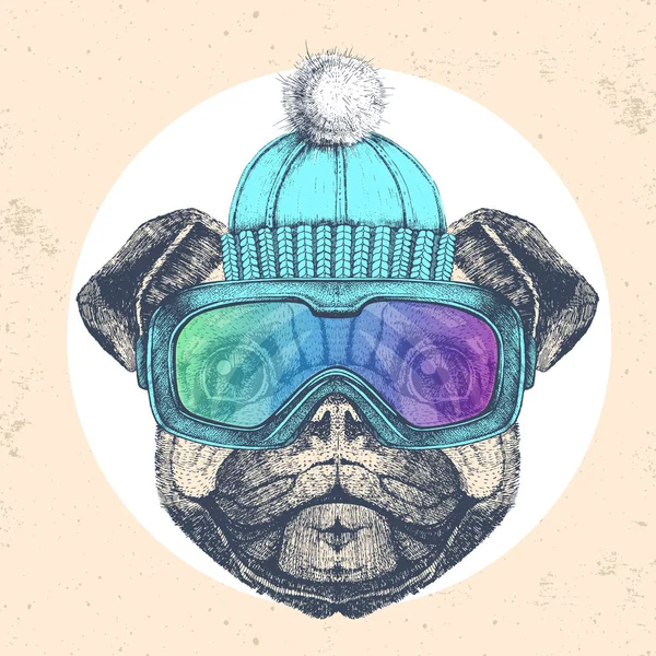 Hipster zvíře pug pes v zimním klobouku a snowboard brýle. Ruční kresba Tlama psa — Stockový vektor