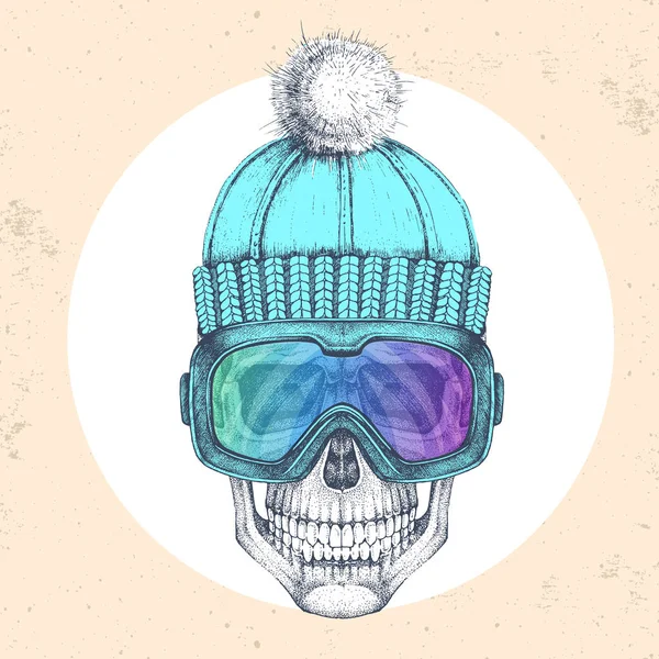 Ręczne rysowanie Hipster czaszki w czapce zimowej i gogle snowboardowe. Styl moda hipster — Wektor stockowy