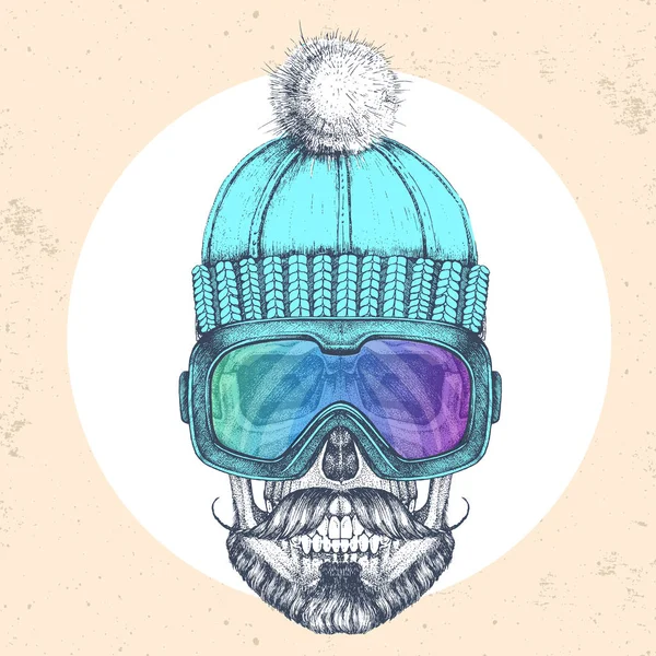 Ruční kreslení Hipster lebka v zimním klobouku a snowboard brýle. Hipsterský módní styl — Stockový vektor