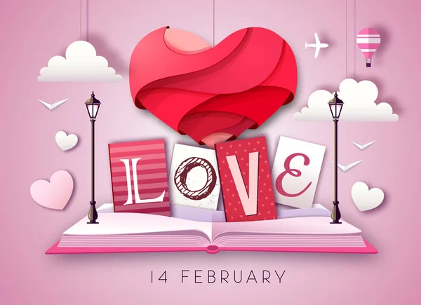 Ouvert livre de conte de fées avec coeur d'amour Saint-Valentin. Joyeux fond de Saint-Valentin. Découpez la conception de style art papier — Image vectorielle