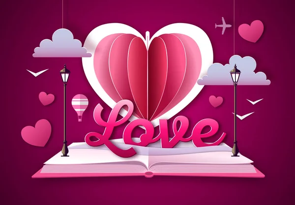 Open fairy tale book with valentine love heart. Happy Valentine`s day background. Cut out paper art style design — Stock Vector