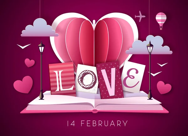 Offenes Märchenbuch mit valentinischem Liebesherz. glücklicher Valentinstag Hintergrund. ausgeschnittene Papier Art Stil Design — Stockvektor