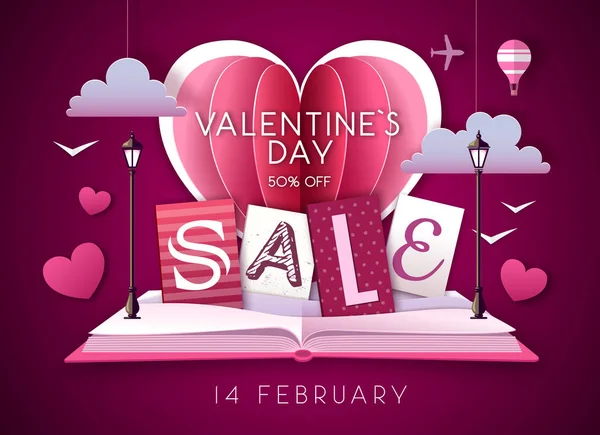 Otevřená pohádková knížka s milostným srdcem Valentýna. Valentýn prodej pozadí. Vystřihnout design stylu papíru — Stockový vektor