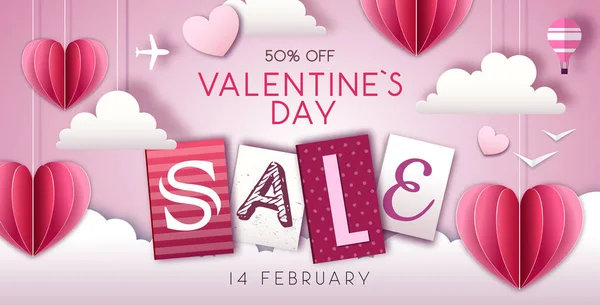 Valentýn prodej pozadí s láskou srdce na obloze. Vystřihnout design stylu papíru — Stockový vektor