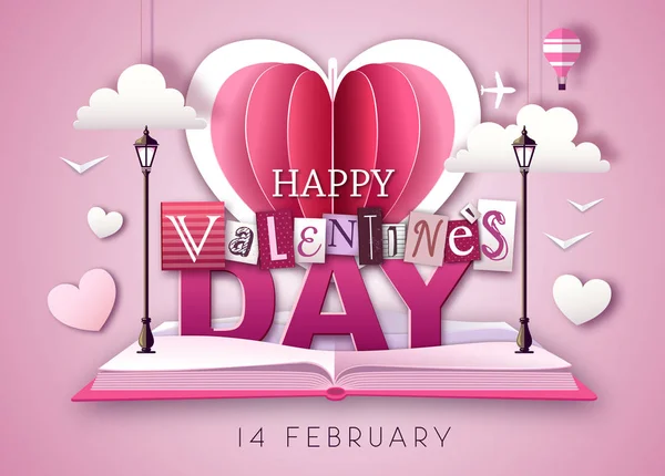Otevřená pohádková knížka s milostným srdcem Valentýna. Šťastný Valentýn pozadí. Vystřihnout design stylu papíru — Stockový vektor