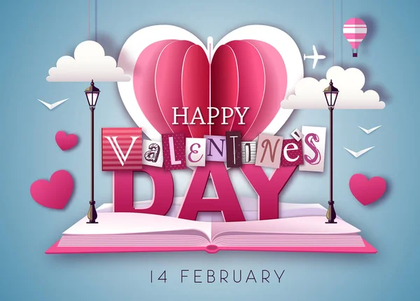 Otevřená pohádková knížka s milostným srdcem Valentýna. Šťastný Valentýn pozadí. Vystřihnout design stylu papíru — Stockový vektor