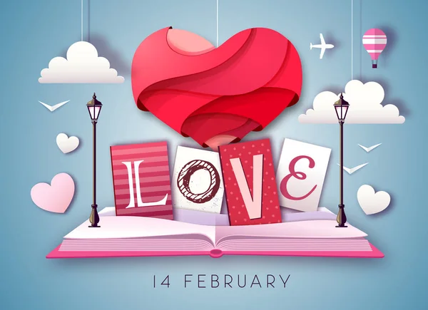 Open fairy tale book with valentine love heart. Happy Valentine`s day background. Cut out paper art style design — Stock Vector