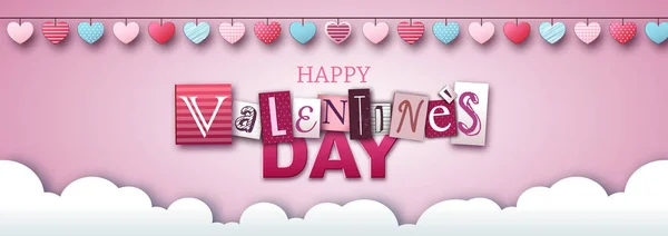 Fröhlicher Valentinstag Hintergrund mit Liebesherzen am Himmel. ausgeschnittene Papier Art Stil Design — Stockvektor
