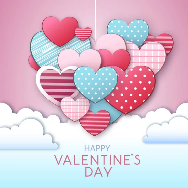 Happy Valentine 's day background with love hearts in the sky. Вырезать дизайн стиля бумажного искусства — стоковый вектор