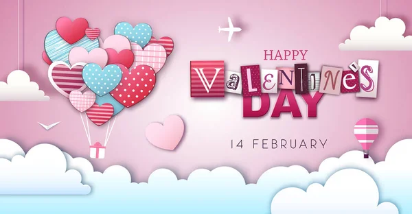 Feliz día de San Valentín con corazones de amor en el cielo. Cortar diseño de estilo de arte de papel — Archivo Imágenes Vectoriales