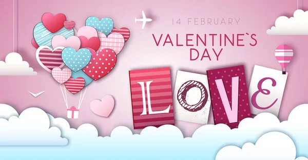Feliz día de San Valentín con corazones de amor en el cielo. Cortar diseño de estilo de arte de papel — Archivo Imágenes Vectoriales