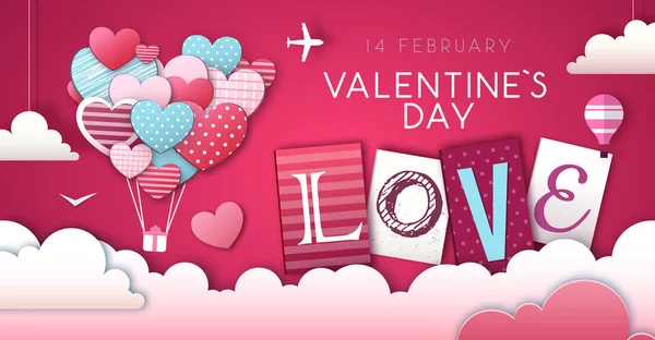 Buon San Valentino sfondo con cuori d'amore nel cielo. Tagliare disegno stile carta arte — Vettoriale Stock