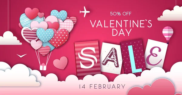 Valentýn prodej pozadí s láskou srdce na obloze. Vystřihnout design stylu papíru — Stockový vektor
